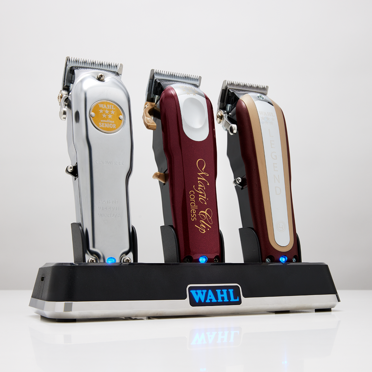 Wahl hårtrimmere i opladerstation – professionelle barbermaskiner Senior, Magic Clip og Legend til frisører og barbersaloner