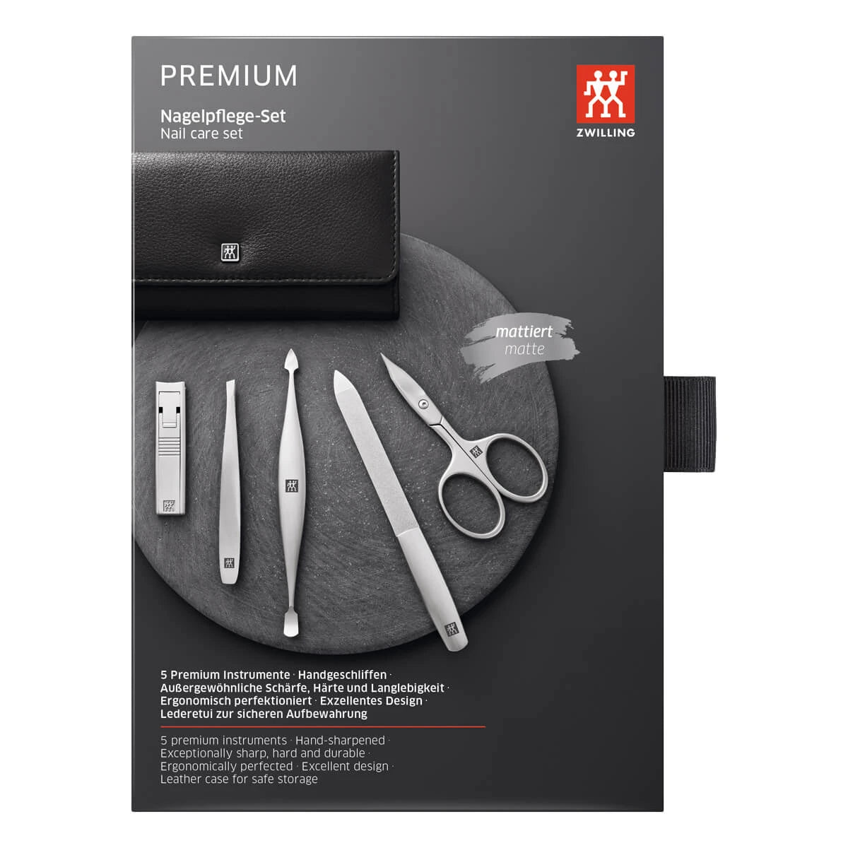 Manicure set, 5 pieces, Click-close case, Black Leather