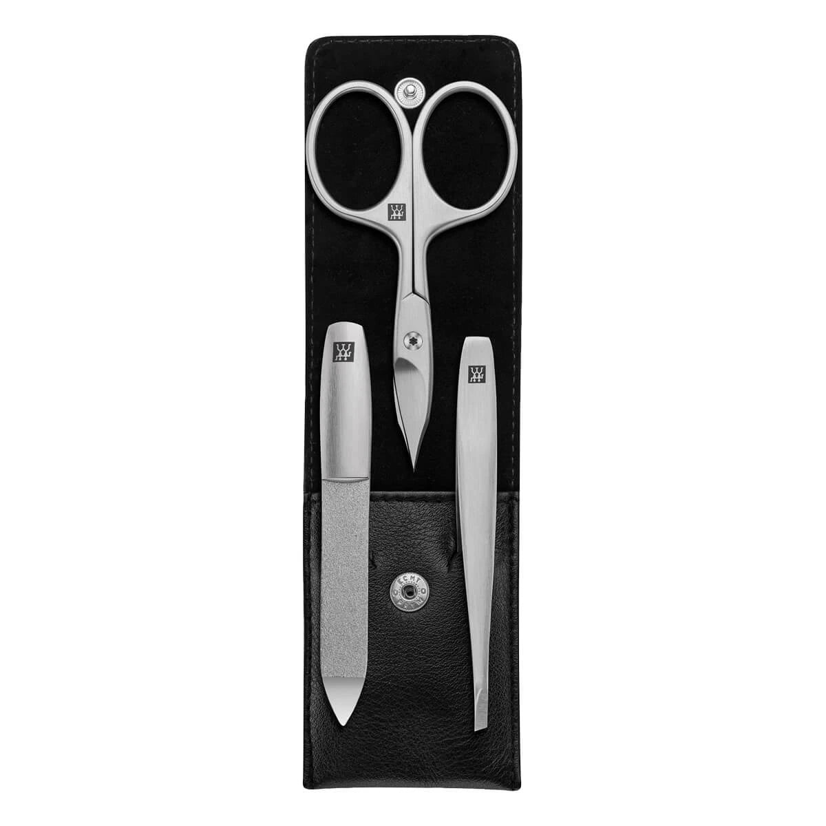 Manicure set, 3 pieces, Click-close case, Black Leather