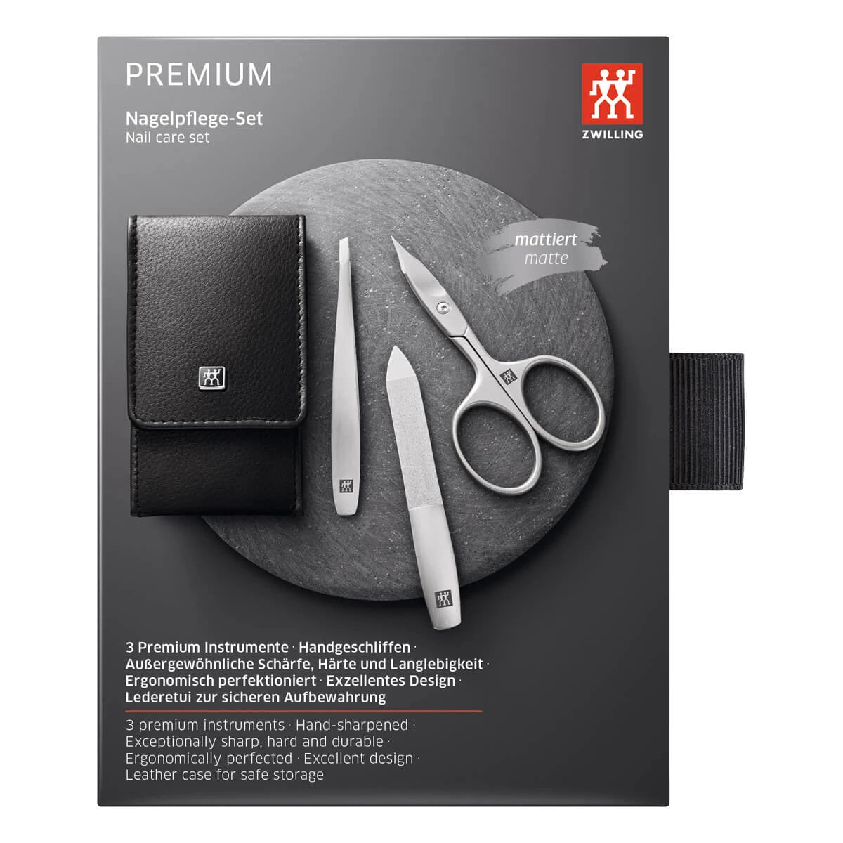 Manicure set, 3 pieces, Click-close case, Black Leather