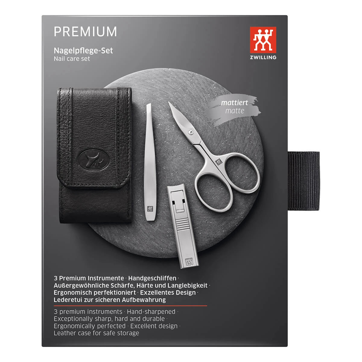 Manicure set, 3 pieces, Click-close case, Black Leather