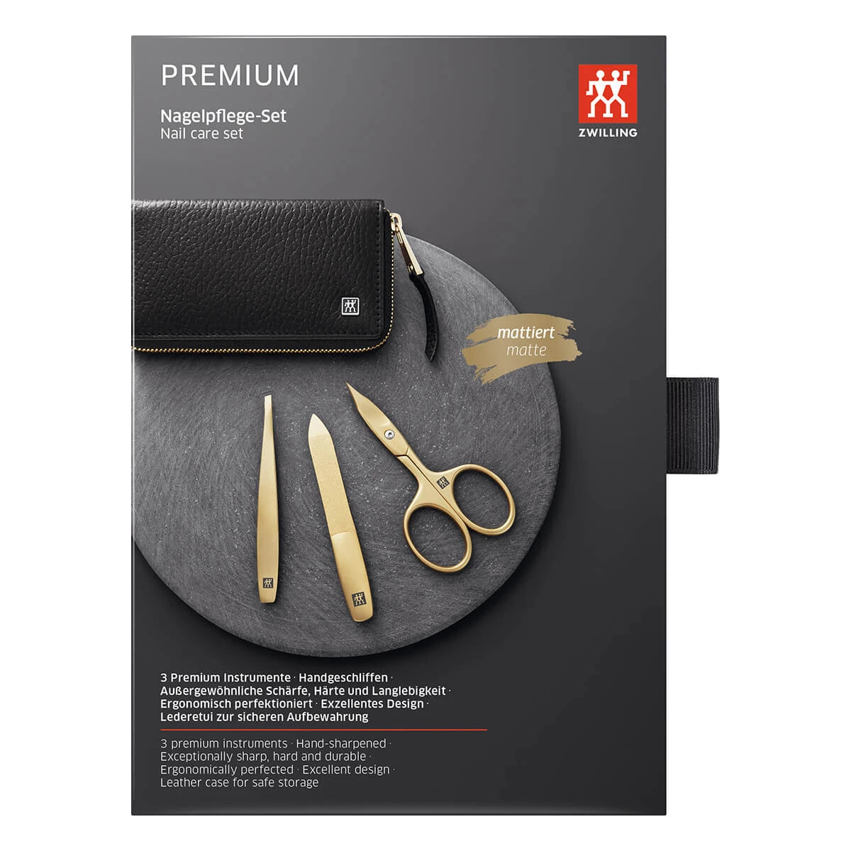 Manicure set, 3 pieces, Gold, Black Leather