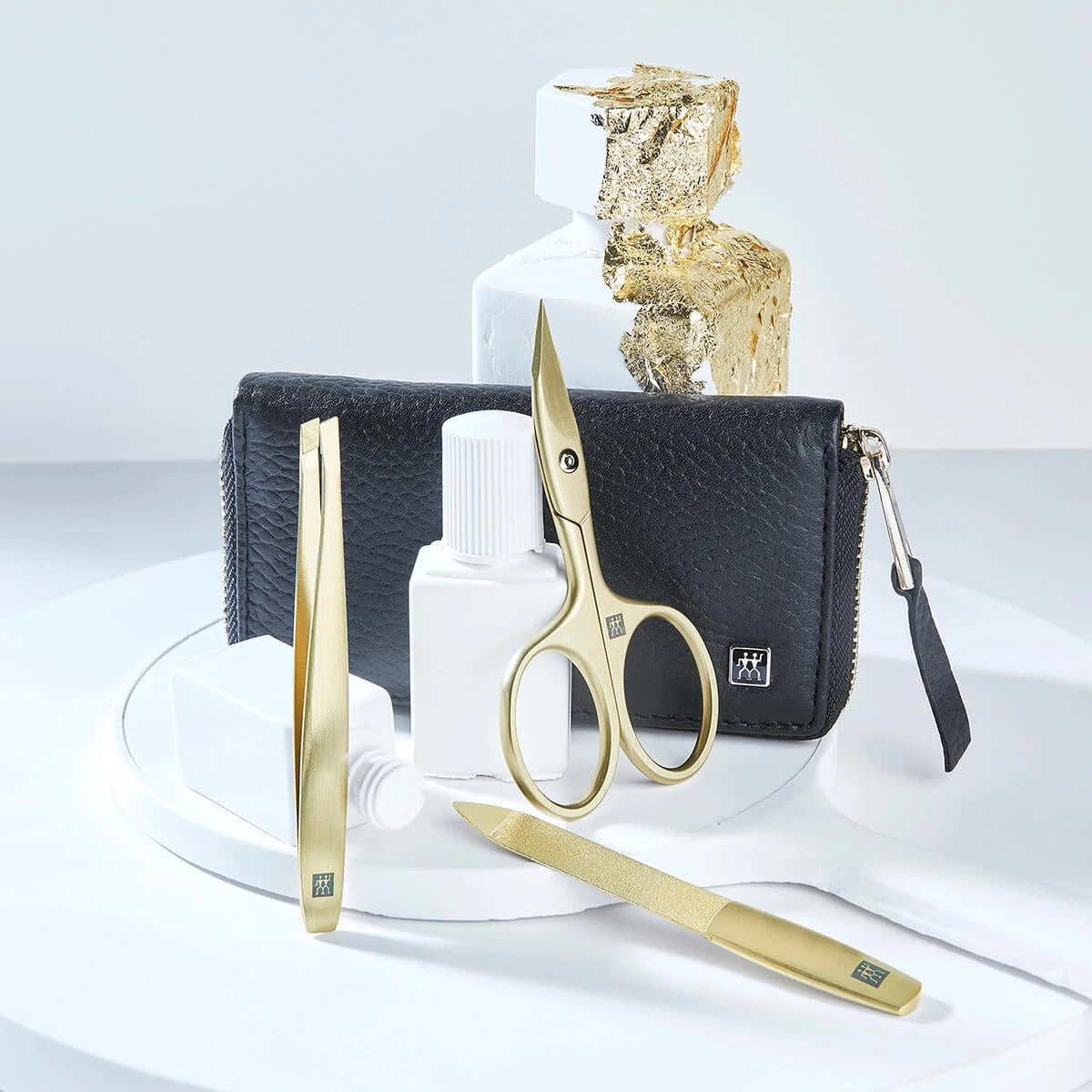 Manicure set, 3 pieces, Gold, Black Leather