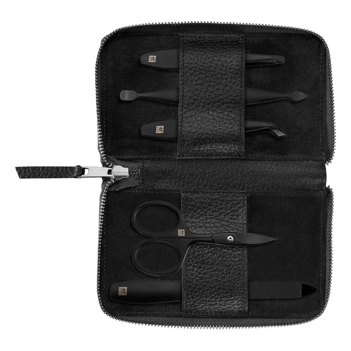 Manicure set, 5 pieces, Black, Black Leather