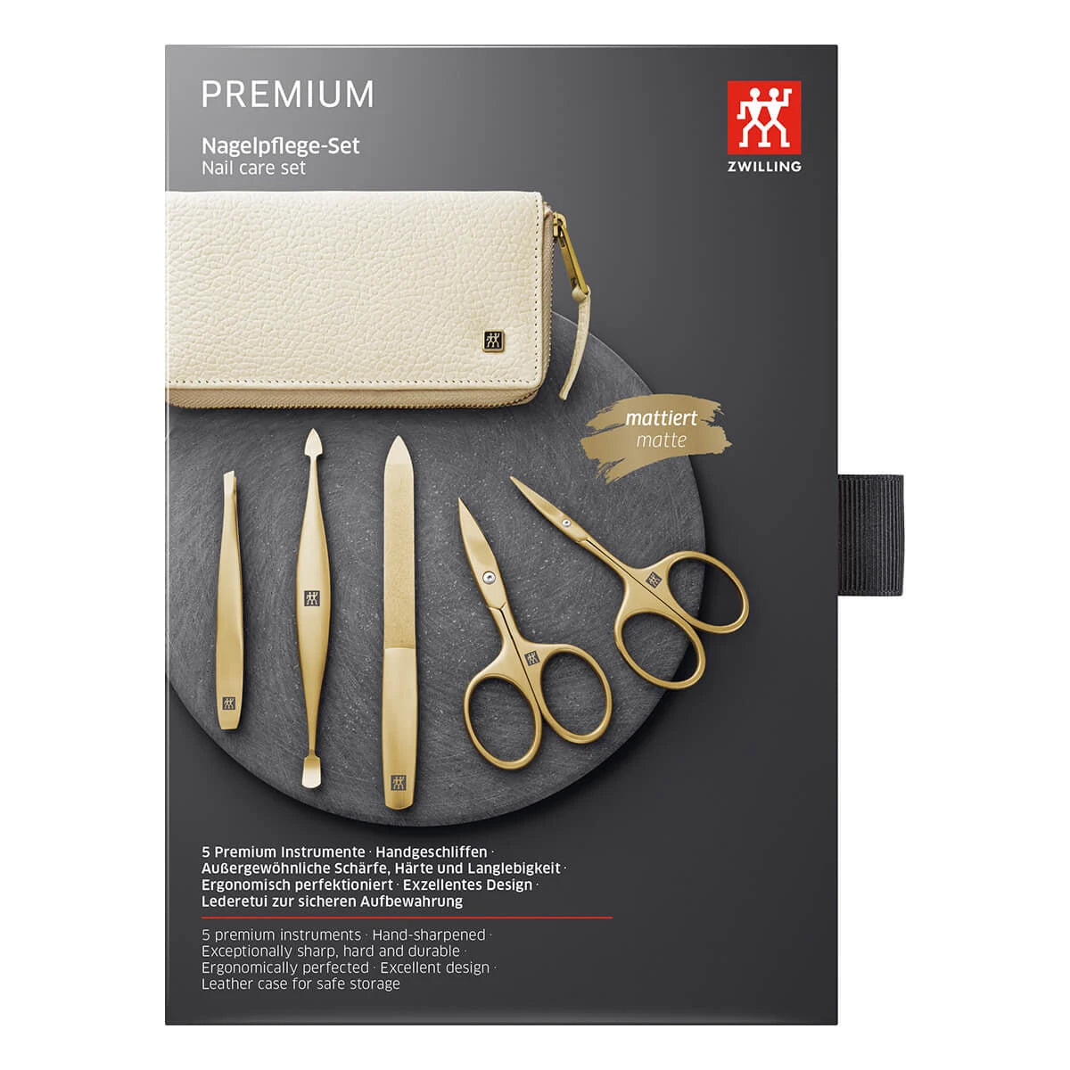 Manicure set, 5 pieces, Gold, Off-White Leather