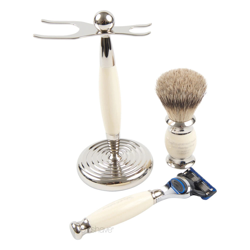 Shaving kit with Fusion Shaver, Pure Badger Shaving brush and holder, imit. ivory