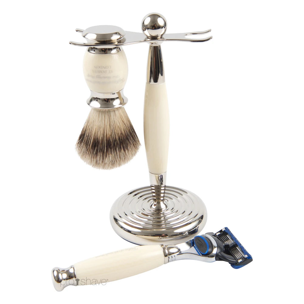 Shaving kit with Fusion Shaver, Pure Badger Shaving brush and holder, imit. ivory