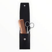 Beard & Grooming Set with wooden scissors and comb, Black leather
