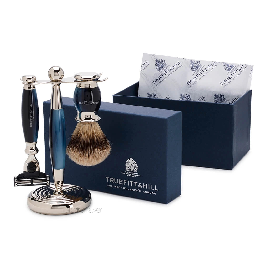 Shaving kit with Fusion Shaver, Badger brush and holder, Edwardian, Faux Blue Opal