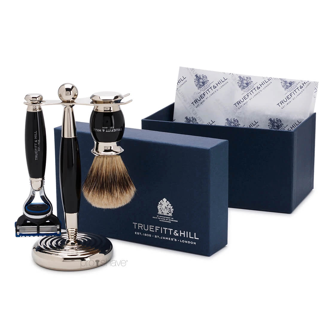 Shaving kit with Fusion Shaver, Badger brush and holder, Edwardian, Faux Ebony