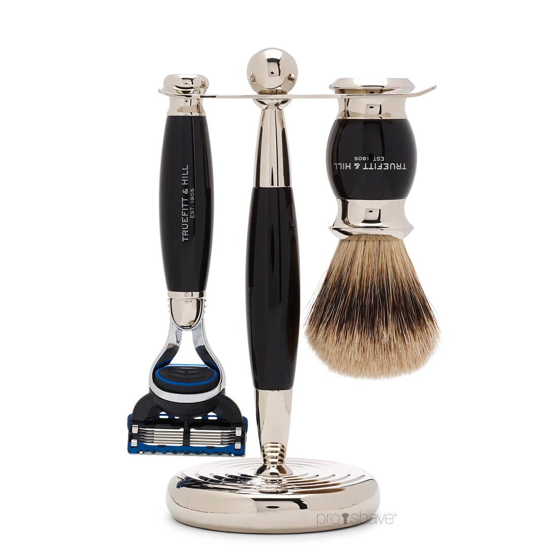 Shaving kit with Fusion Shaver, Badger brush and holder, Edwardian, Faux Ebony