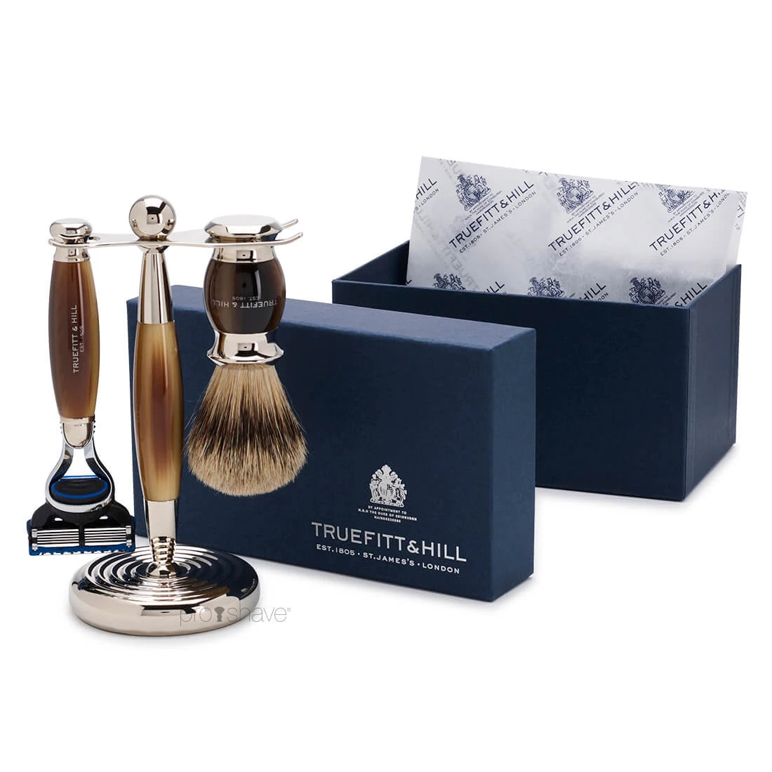 Shaving set with Fusion Shaver, Badger brush and holder, Edwardian, Faux Horn