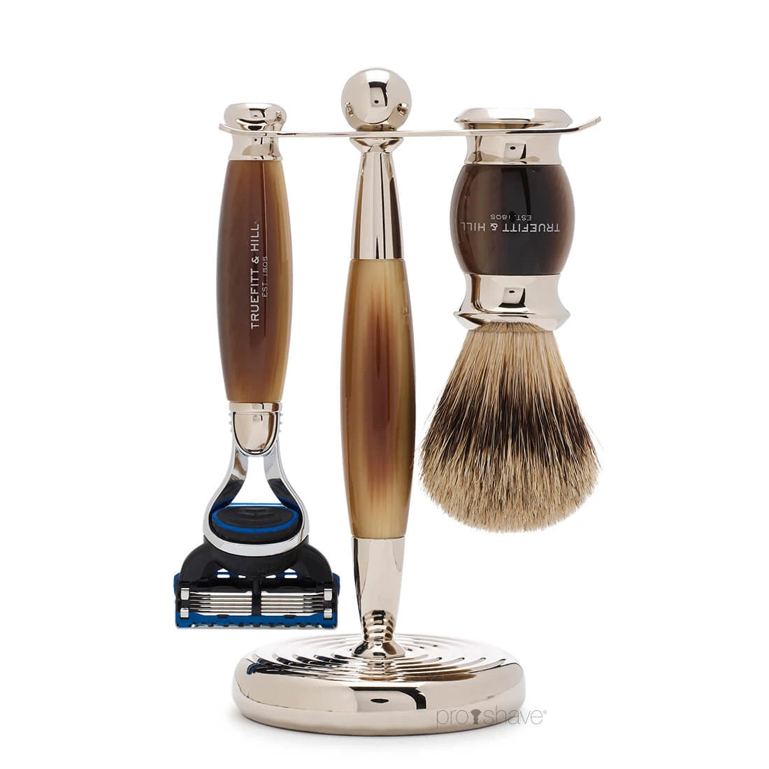 Shaving set with Fusion Shaver, Badger brush and holder, Edwardian, Faux Horn