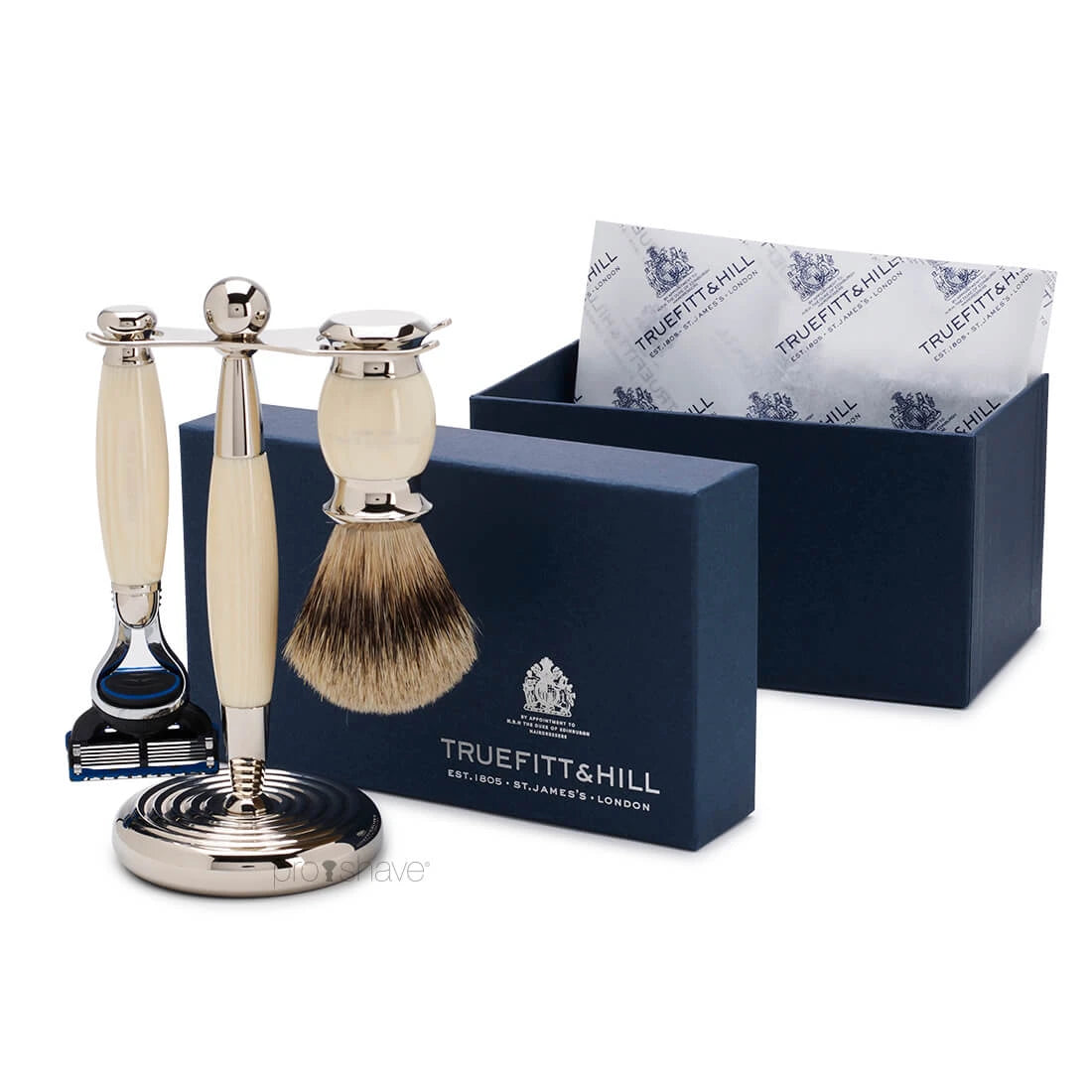 Shaving set with Fusion Shaver, Badger brush and holder, Edwardian, Faux Ivory