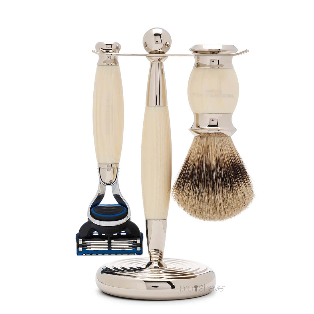 Shaving set with Fusion Shaver, Badger brush and holder, Edwardian, Faux Ivory