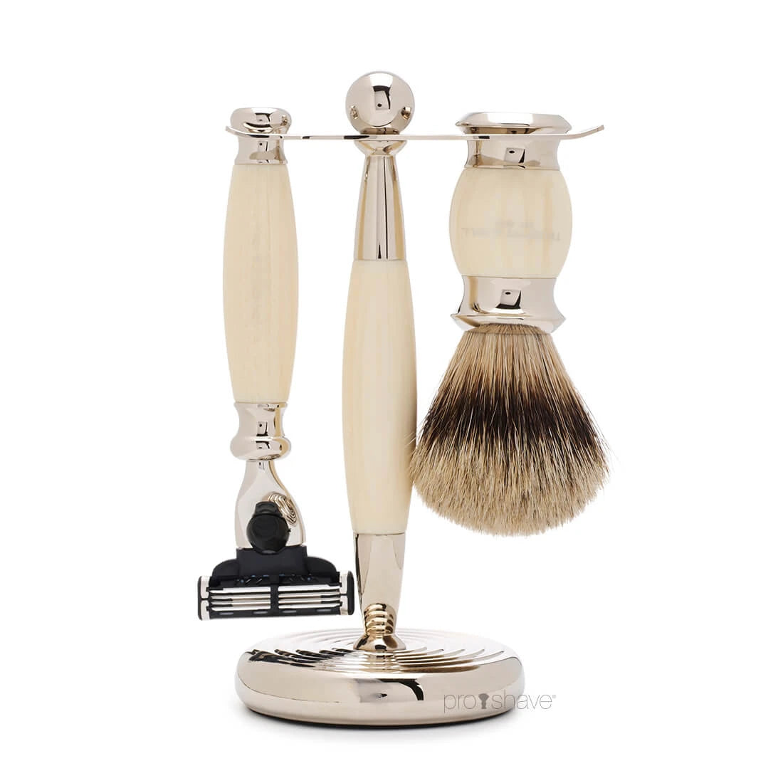 Shaving kit with Mach3 Shaver, Badger brush and holder, Edwardian, Faux Ivory