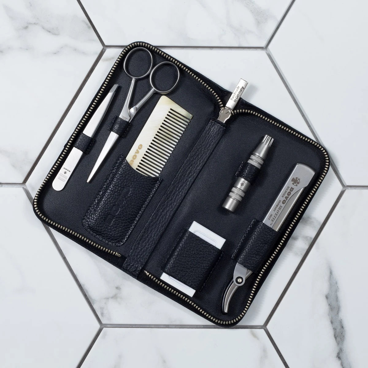 Beard & Grooming Set with 6 pieces, Black leather