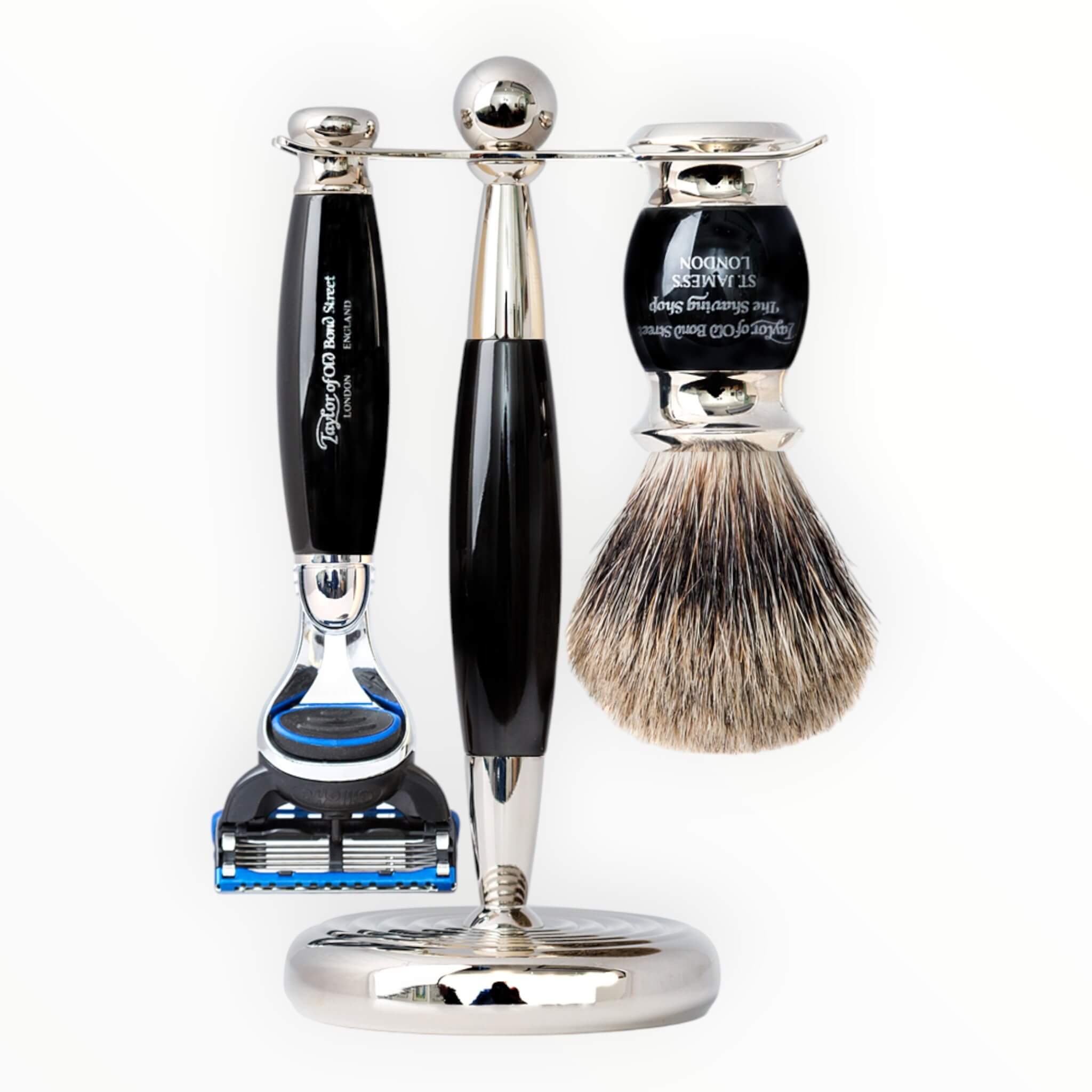 Shaving kit with Fusion Shaver, Pure Badger Shaving brush and holder, black