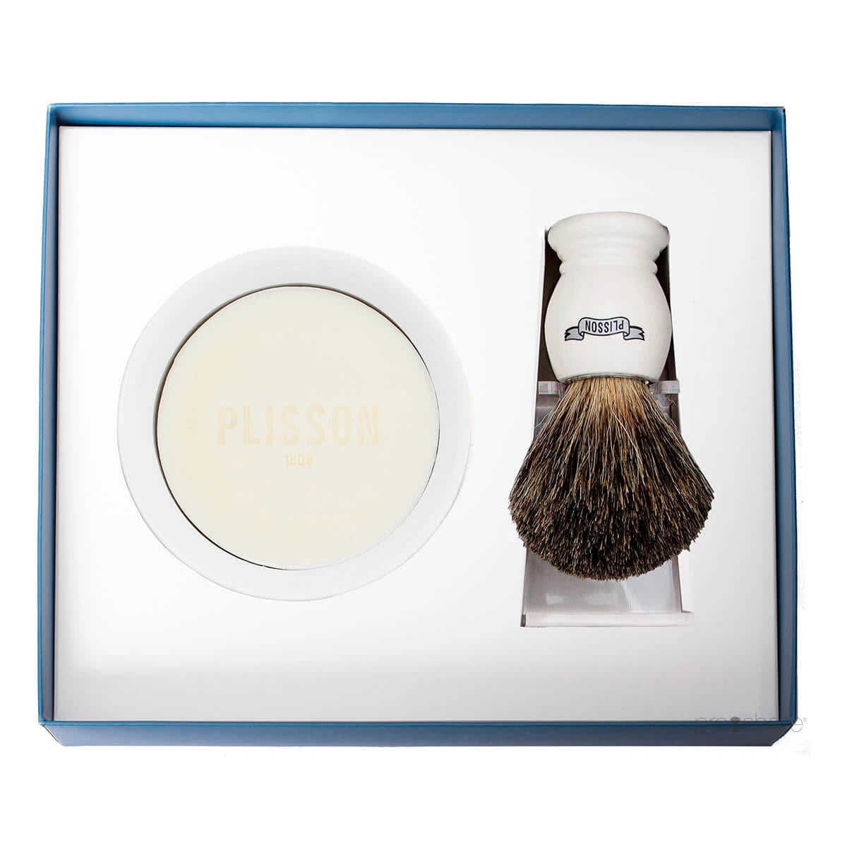 Starter set with Russian Grey Badger Shaving Brush, Holder and Porcelain Bowl with Shaving Soap, White