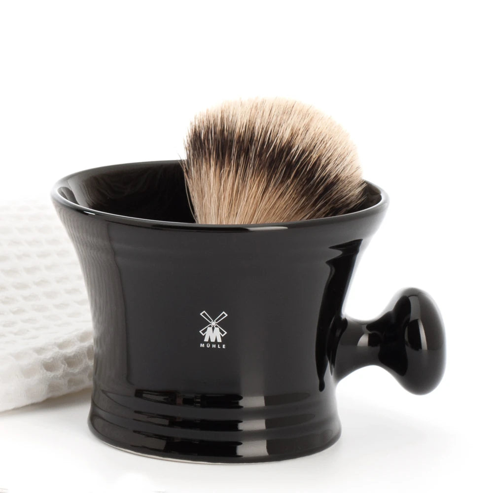 Porcelain shaving bowl with high rim and handle, Black