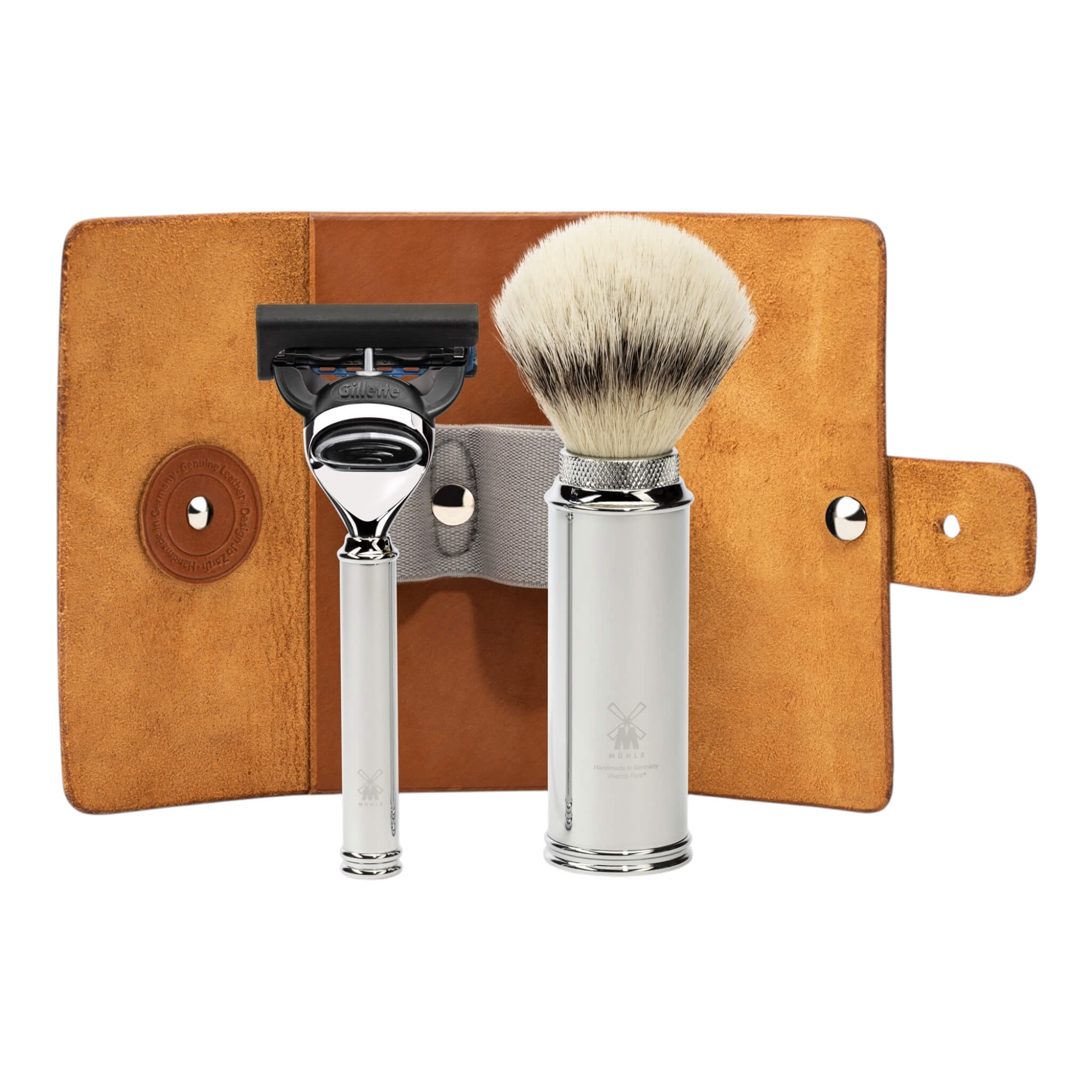 Travel shaving kit with Shaver, Brush and case, Leather