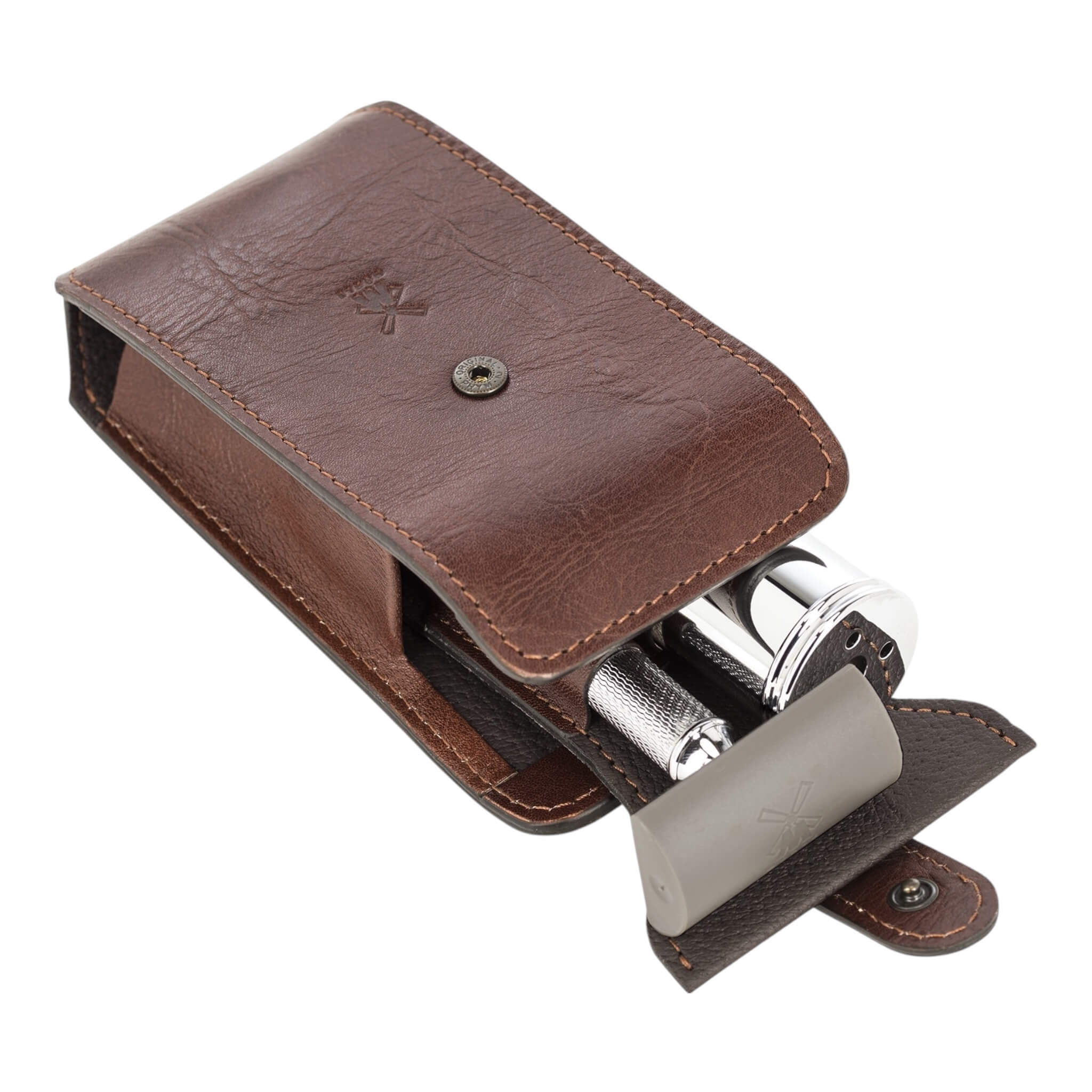 Travel set with DE razor and Brush, Brown leather