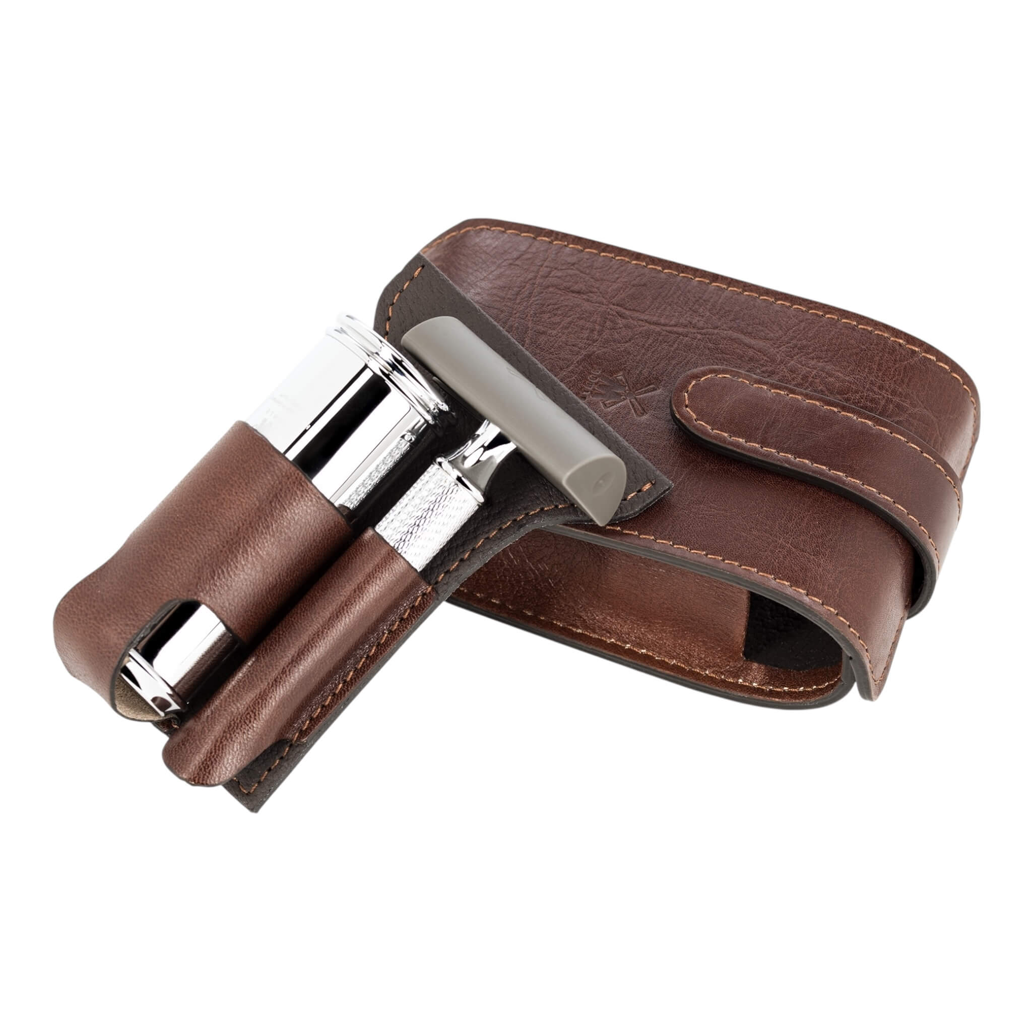 Travel set with DE razor and Brush, Brown leather