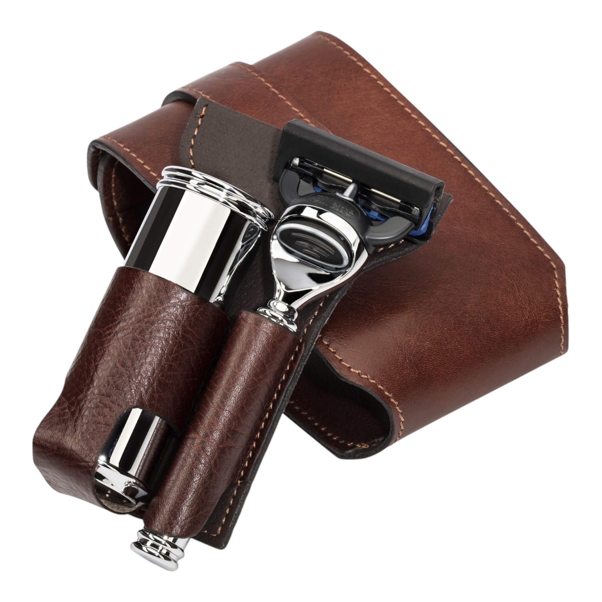 Travel shaving kit with Shaver and Brush, Brown leather