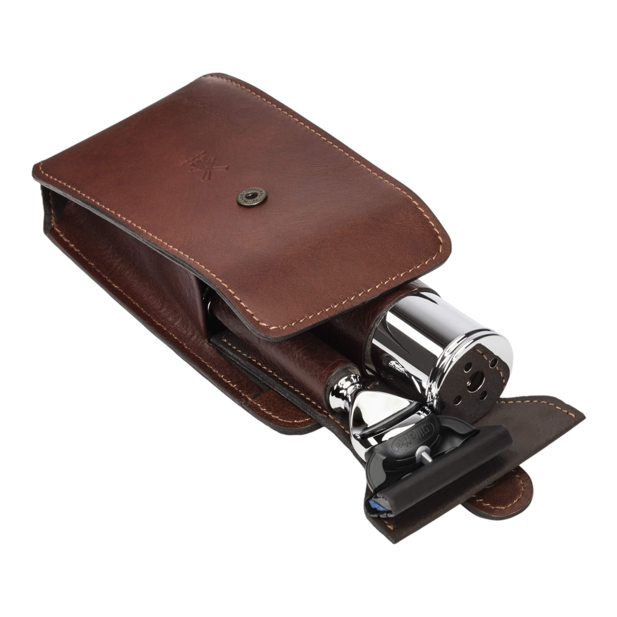 Travel shaving kit with Shaver and Brush, Brown leather
