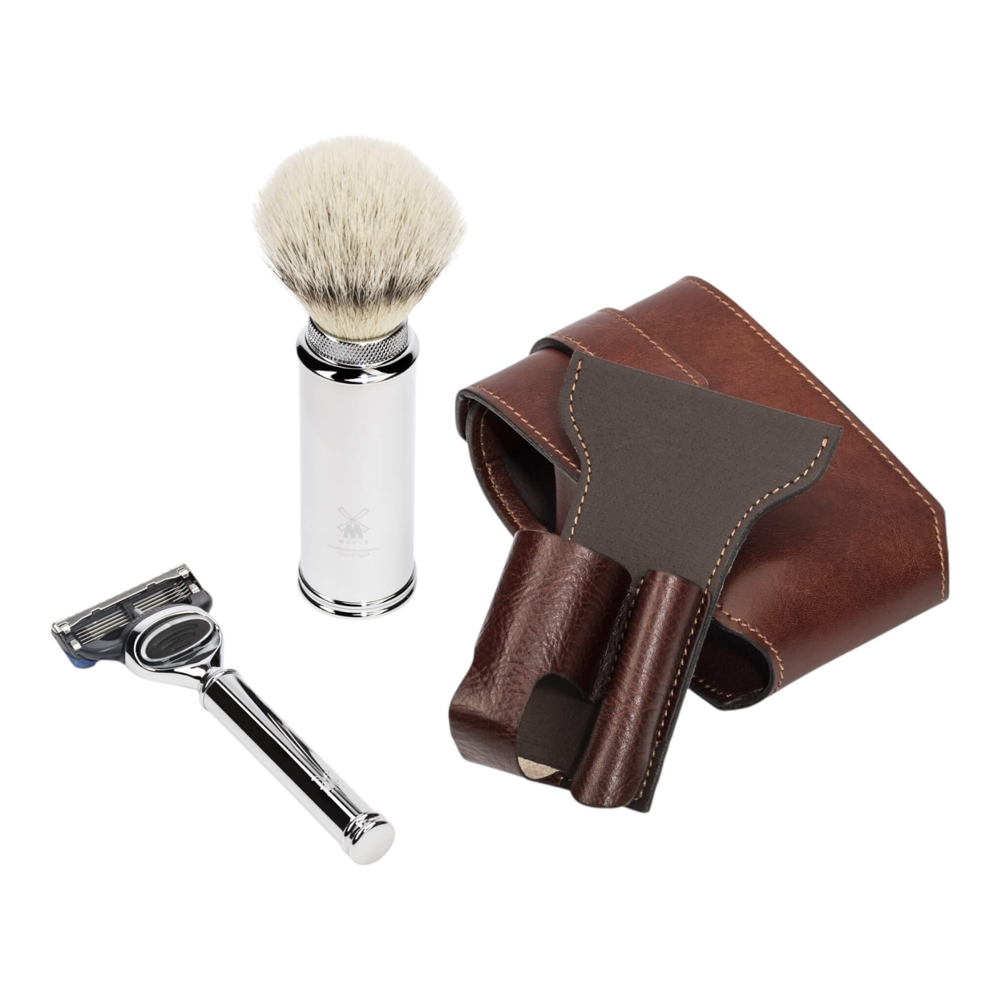 Travel shaving kit with Shaver and Brush, Brown leather