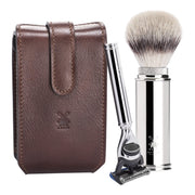 Travel shaving kit with Shaver and Brush, Brown leather