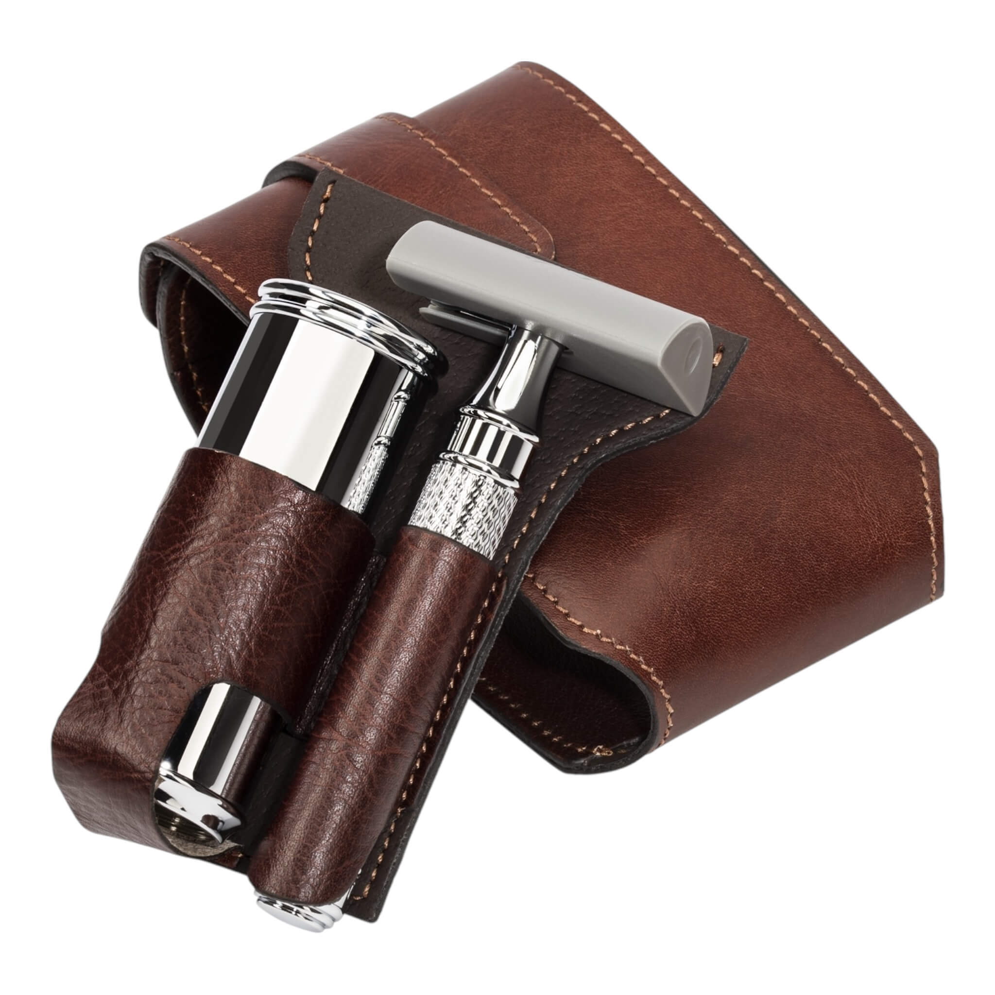 Travel set with DE razor and Brush, Brown leather