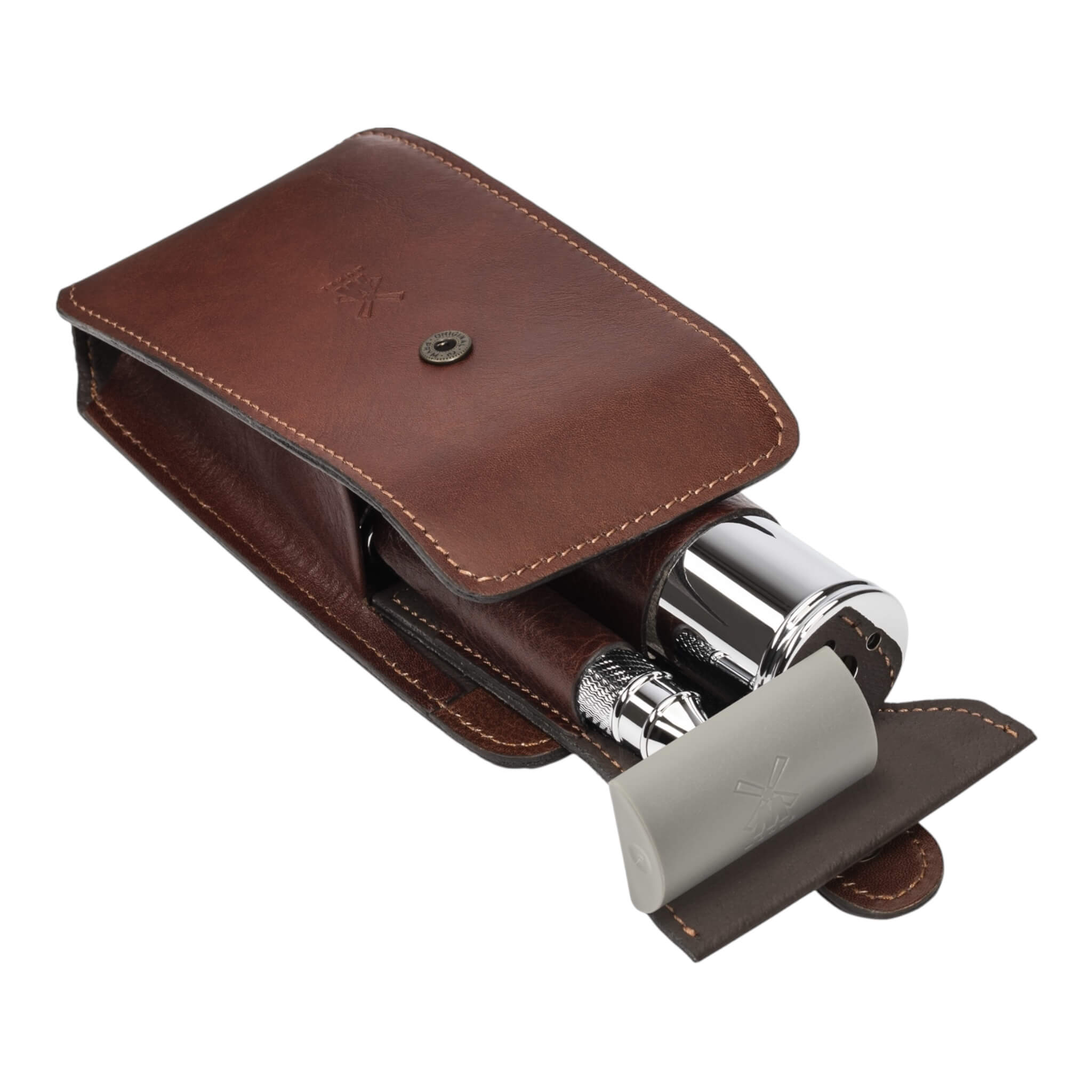 Travel set with DE razor and Brush, Brown leather