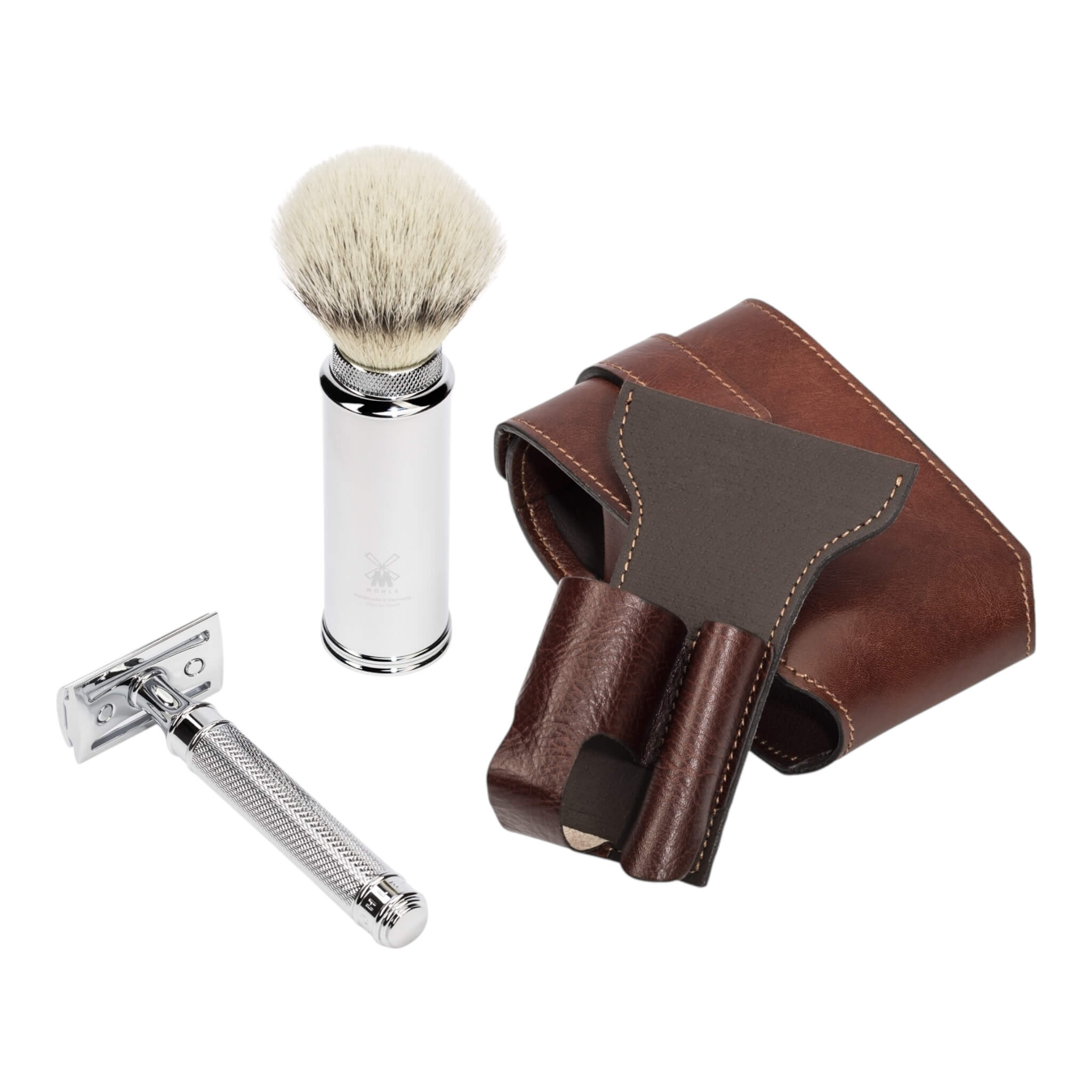 Travel set with DE razor and Brush, Brown leather