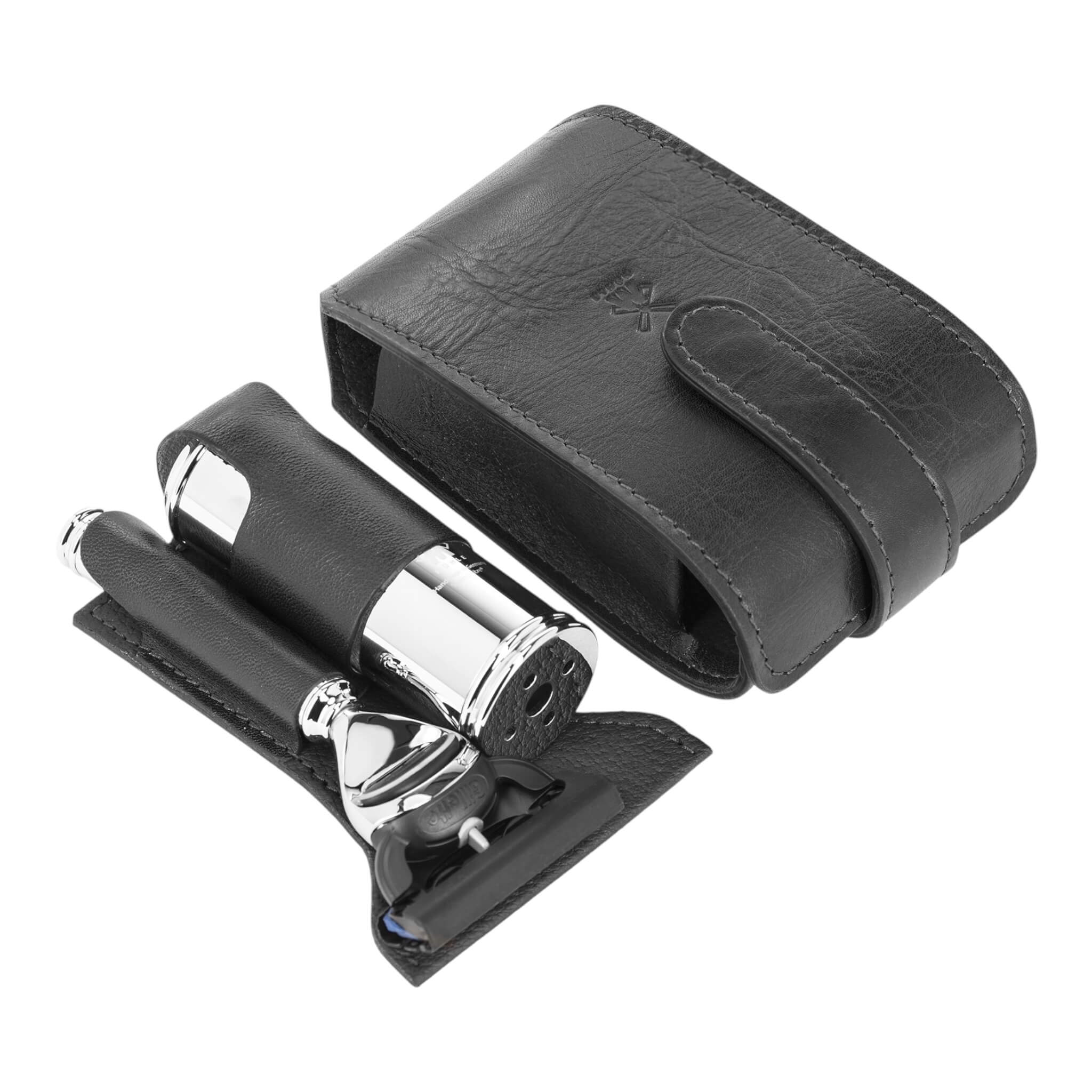Travel shaving kit with Shaver and Brush, Black leather