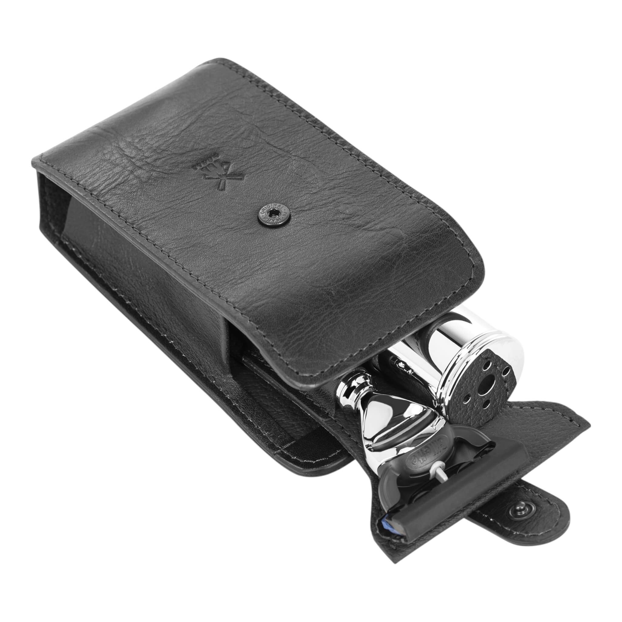 Travel shaving kit with Shaver and Brush, Black leather