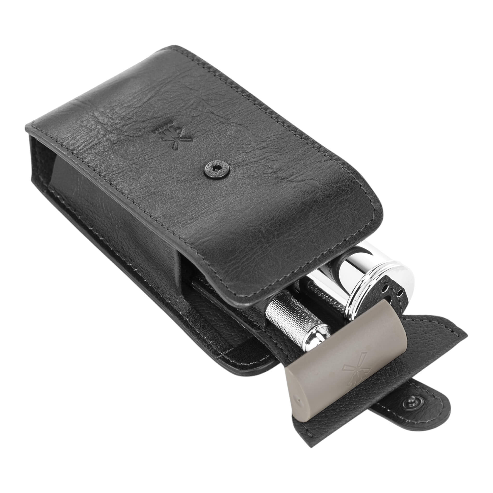 Travel set with DE razor and Brush, Black leather