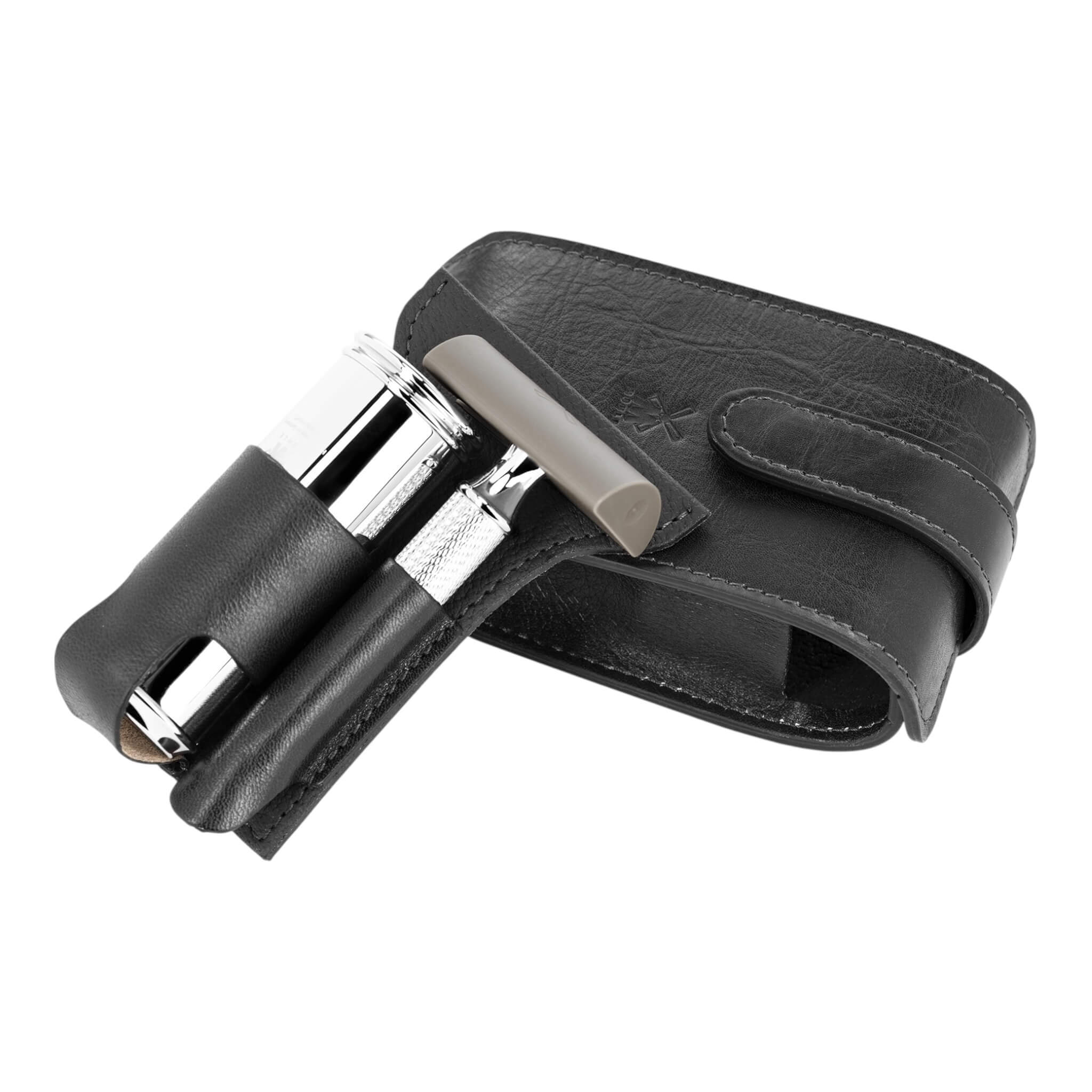 Travel set with DE razor and Brush, Black leather