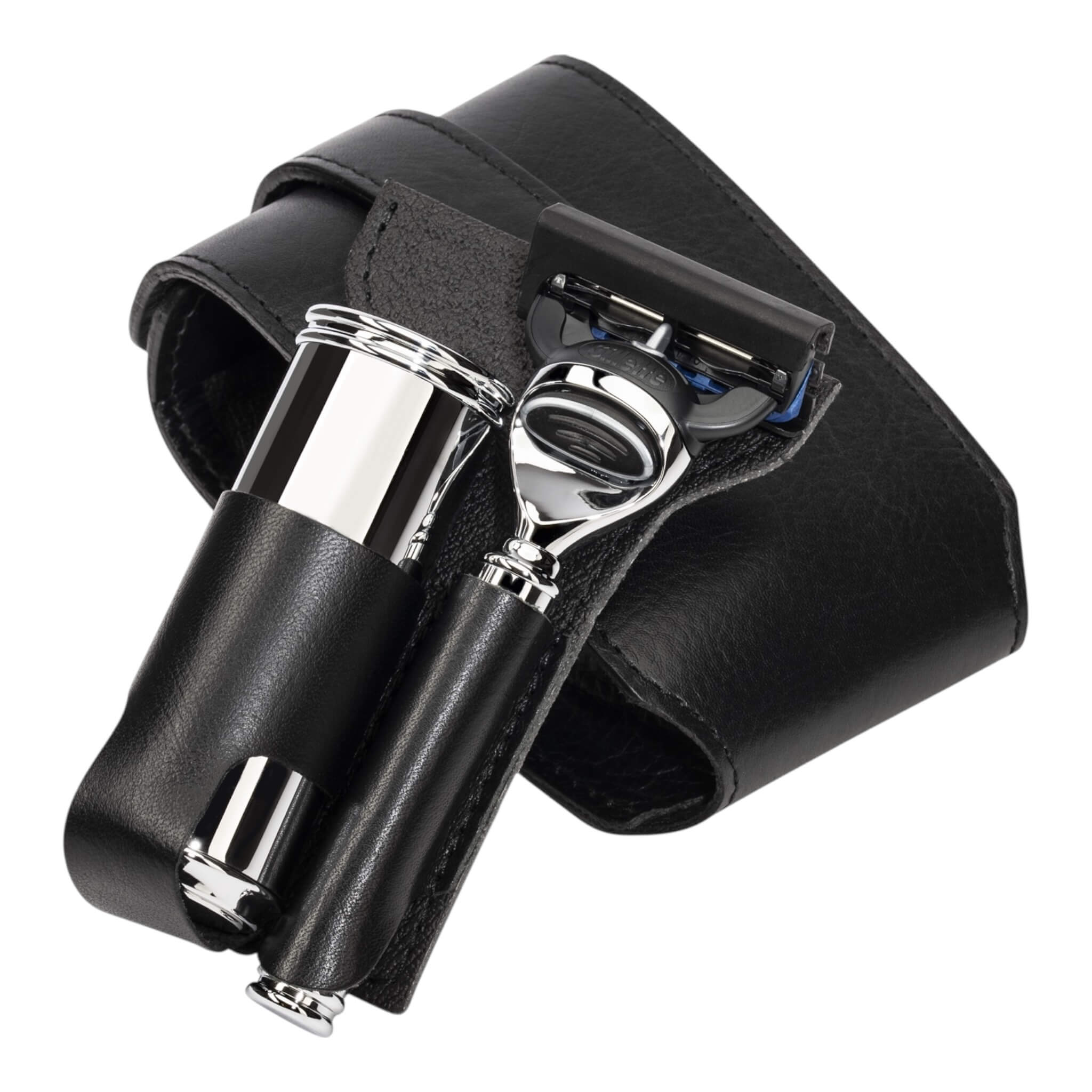Travel shaving kit with Shaver and Brush, Black leather