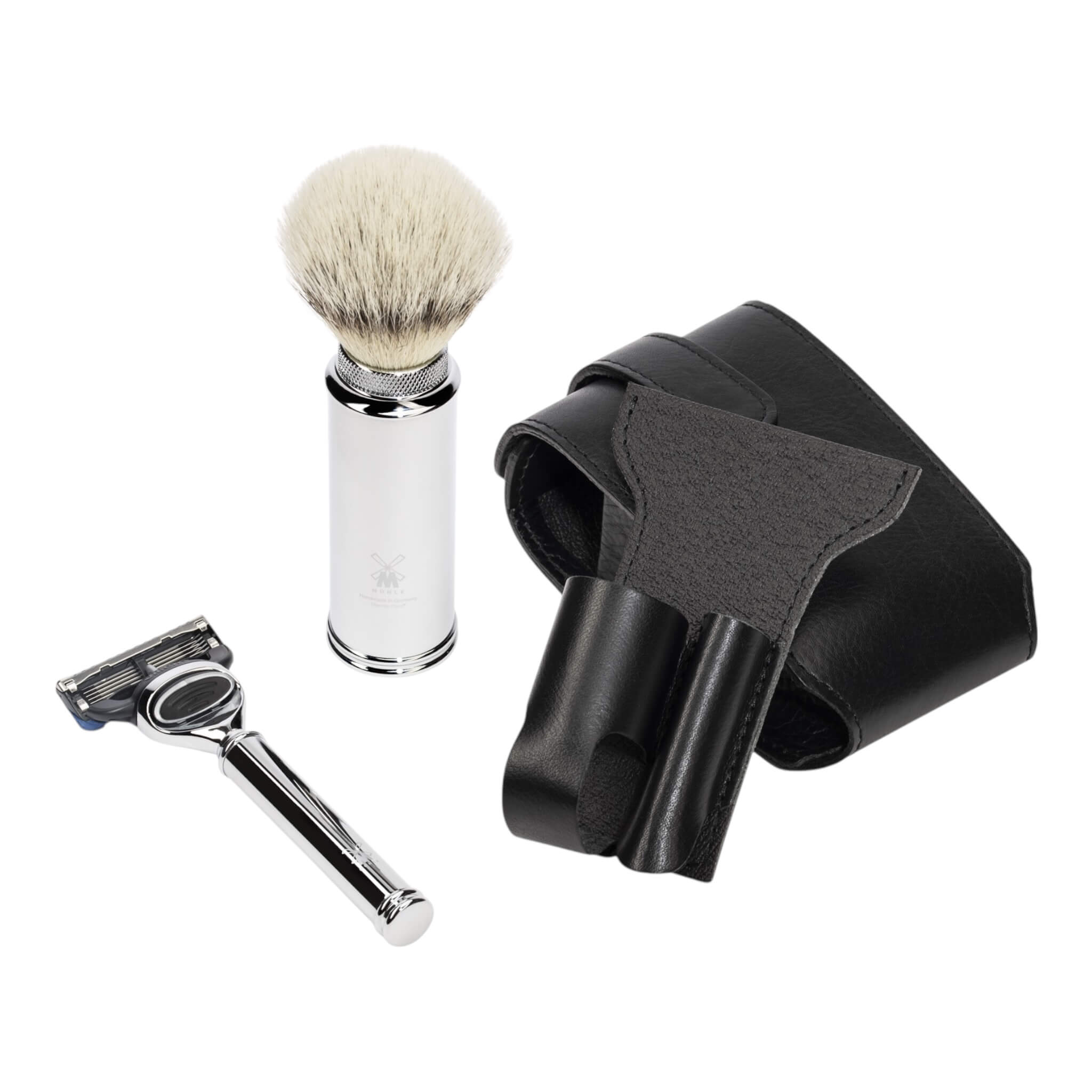 Travel shaving kit with Shaver and Brush, Black leather