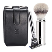Travel shaving kit with Shaver and Brush, Black leather
