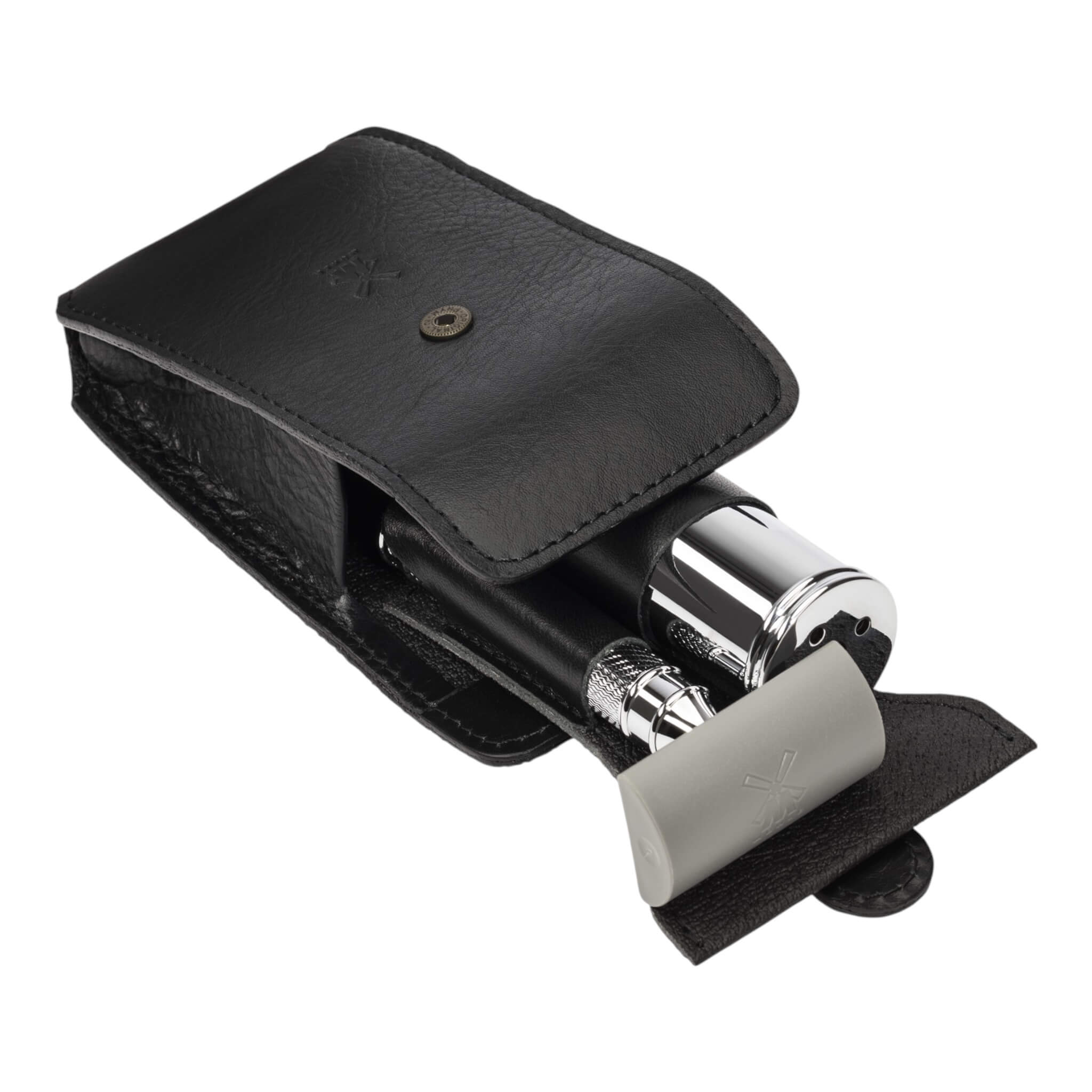 Travel set with DE razor and Brush, Black leather