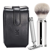 Travel set with DE razor and Brush, Black leather