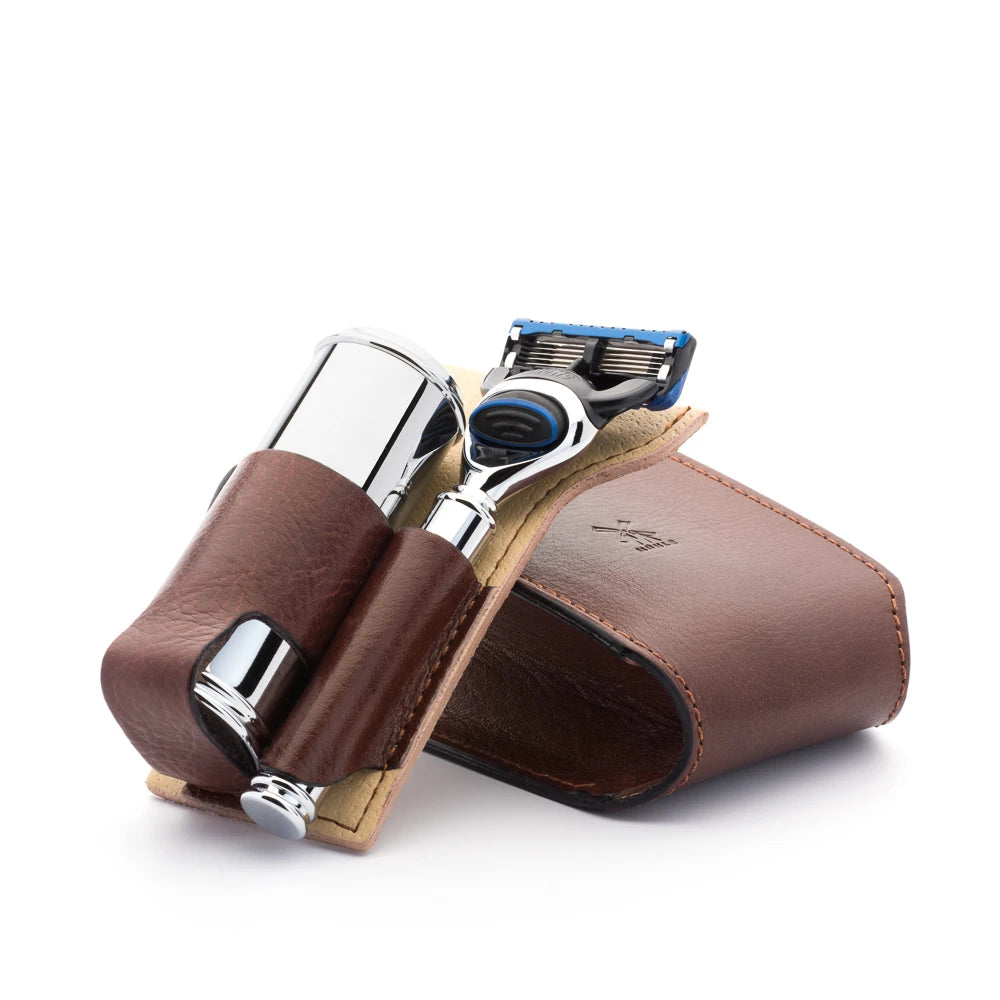 Travel shaving kit with Shaver and Brush, Brown leather