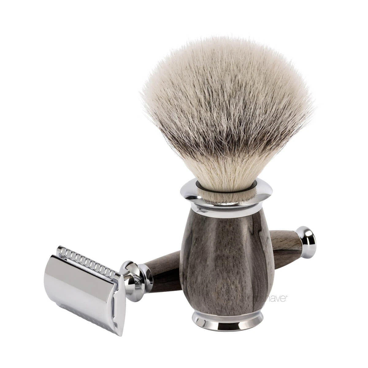 Shaving kit with DE razor, Silvertip Fibre® Shaving Brush and Holder, Purist, Grained Beech