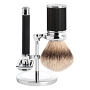 Shaving kit with DE razor (open comb), Shaving Brush and Holder, Traditional, Black