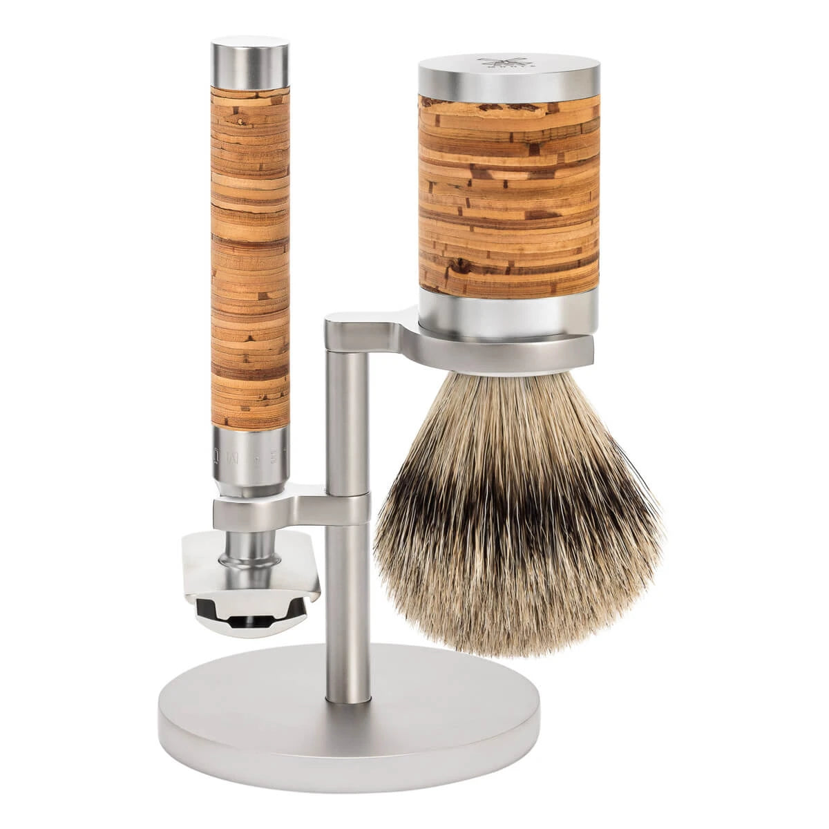 Shaving set with DE razor, Shaving Brush and Holder, Rocca, Stainless steel & Birch bark