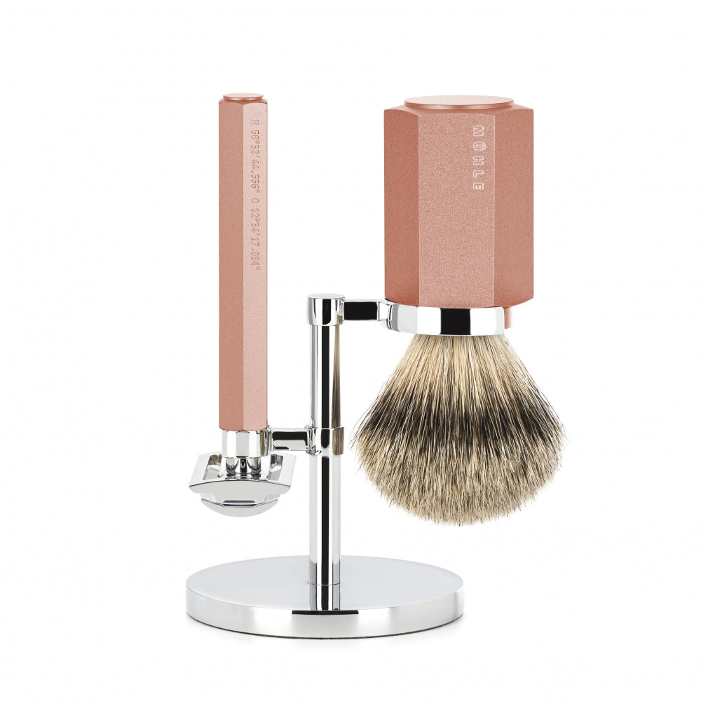 Mark Braun Shaving Kit with DE razor, Silvertip Shaving Brush and Holder, Hexagon, Aluminum Sunrise