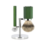 Mark Braun Shaving Kit with DE razor, Silvertip Shaving Brush and Holder, Hexagon, Aluminum Forest