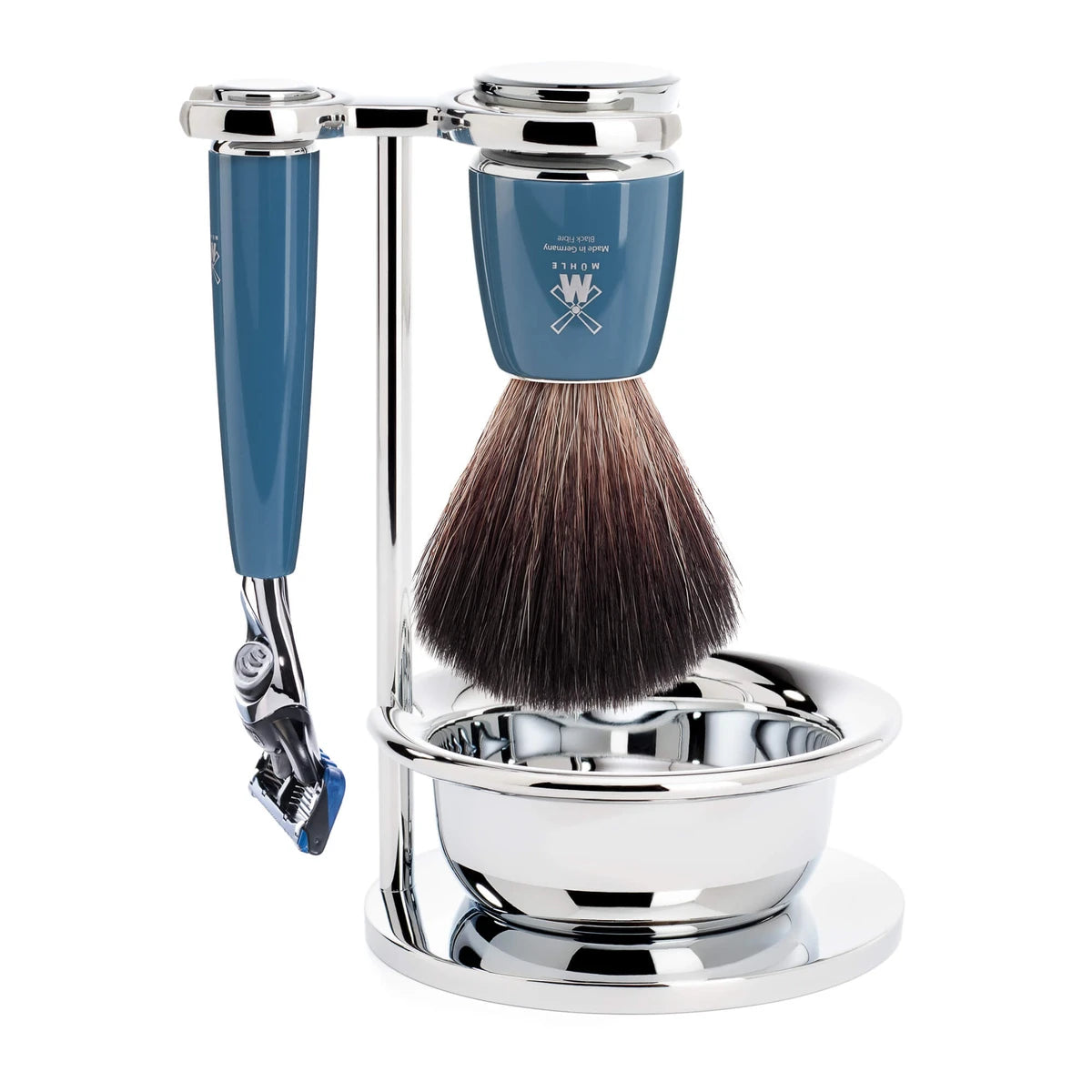 Shaving set with Fusion Shaver, Brush, Holder and Bowl, Rytmo, Petrol blue